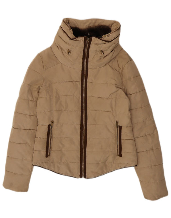 Zara Mujer Chaqueta Acolchada Corta Con Capucha UK 44 Poliéster Beige Medio
