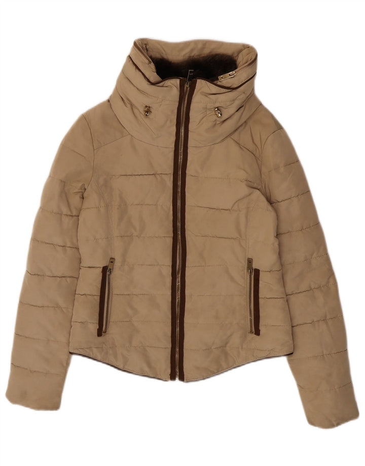 Zara Mujer Chaqueta Acolchada Corta Con Capucha UK 44 Poliéster Beige Medio