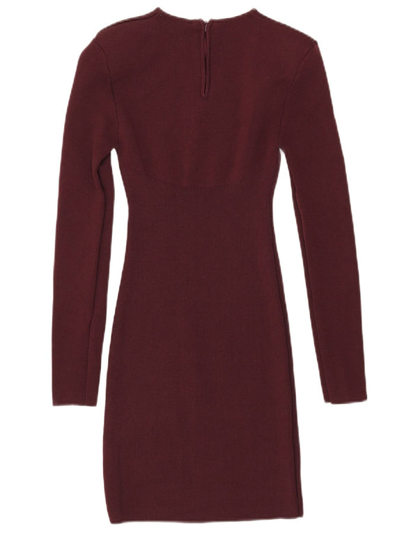 Zara Mujer Vestido Jersey De Manga Larga UK 40 Small Borgoña Viscosa