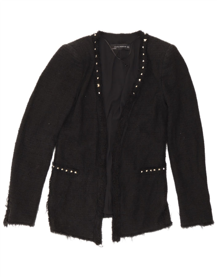 Zara Chaqueta Americana Abierta para Mujer UK 12 Mediana Algodón Negro