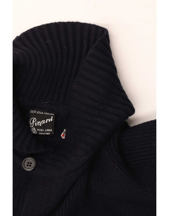 Vintage hombres Cardigan suéter medio azul marino lana virgen