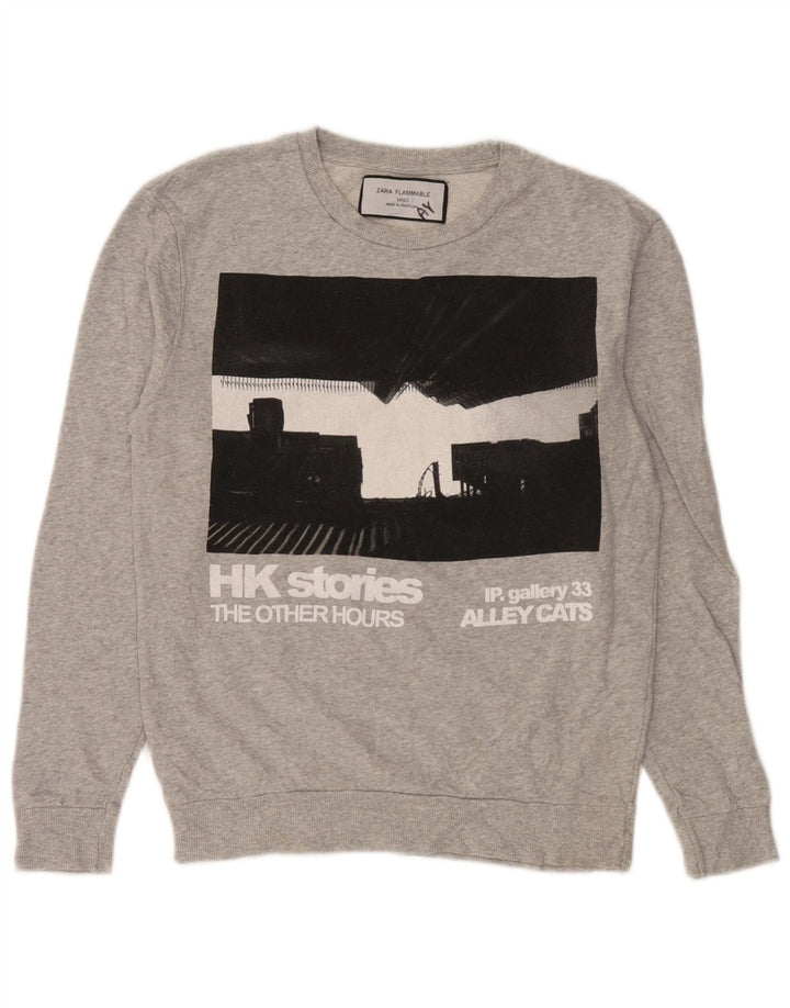 Zara Mujer Sudadera Gráfica Jumper UK 44 Algodón Gris Medio