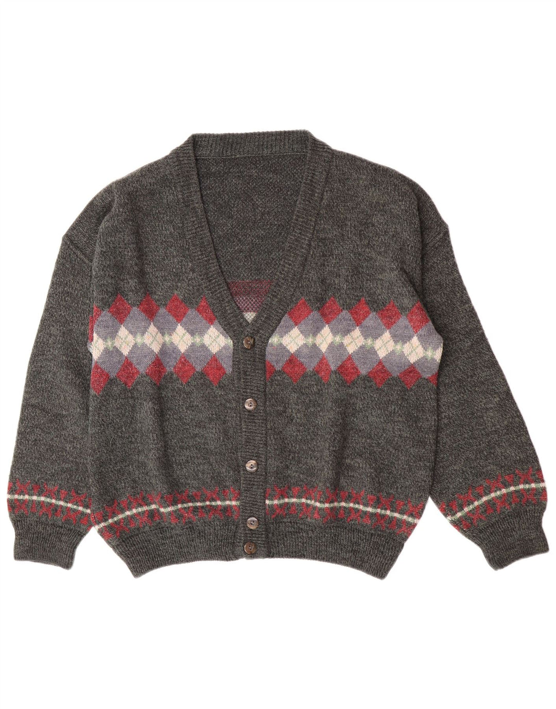 Vintage hombres Cardigan suéter XL gris Argyle/Diamante