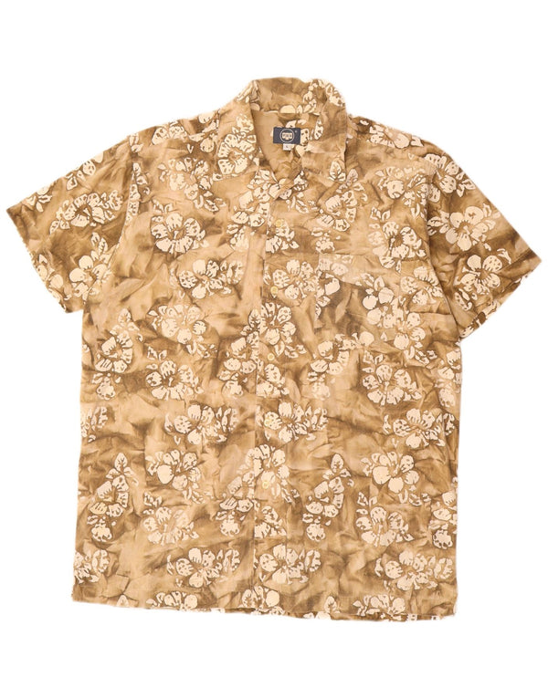Vintage hombres camisa de manga corta grande beige floral algodón