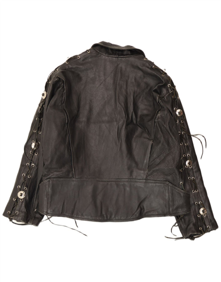 Vintage hombres cuero biker chaqueta grande cuero negro