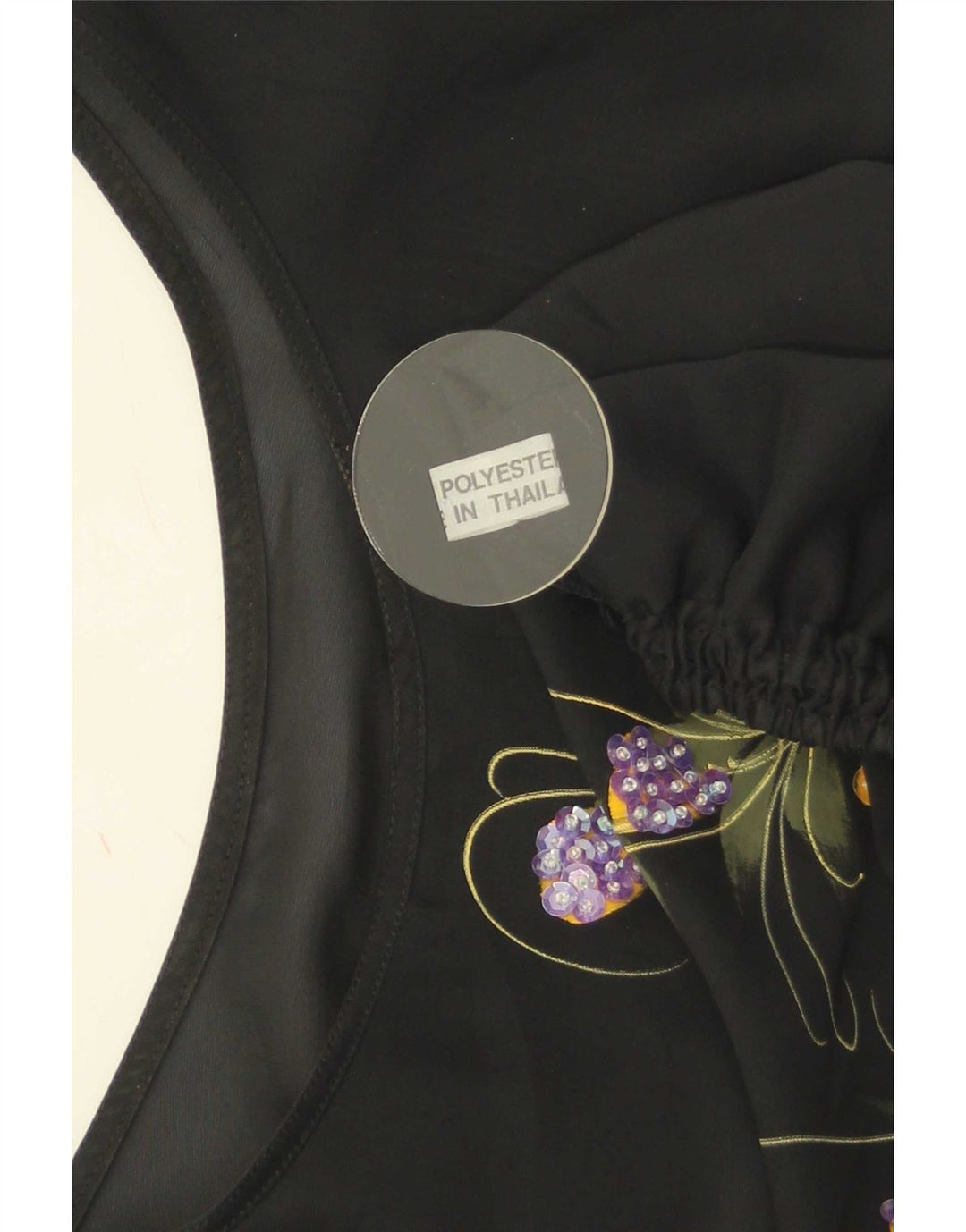 Vintage mujer crop blusa top Reino Unido 16 poliéster floral negro grande