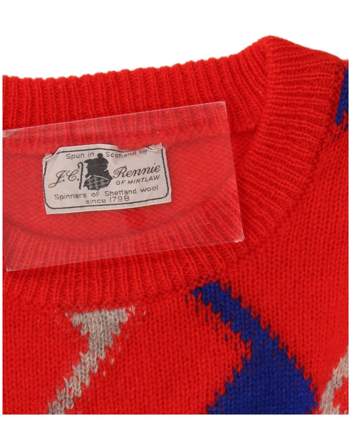 Vintage hombres cuello redondo jersey suéter grande rojo Argyle/Diamante