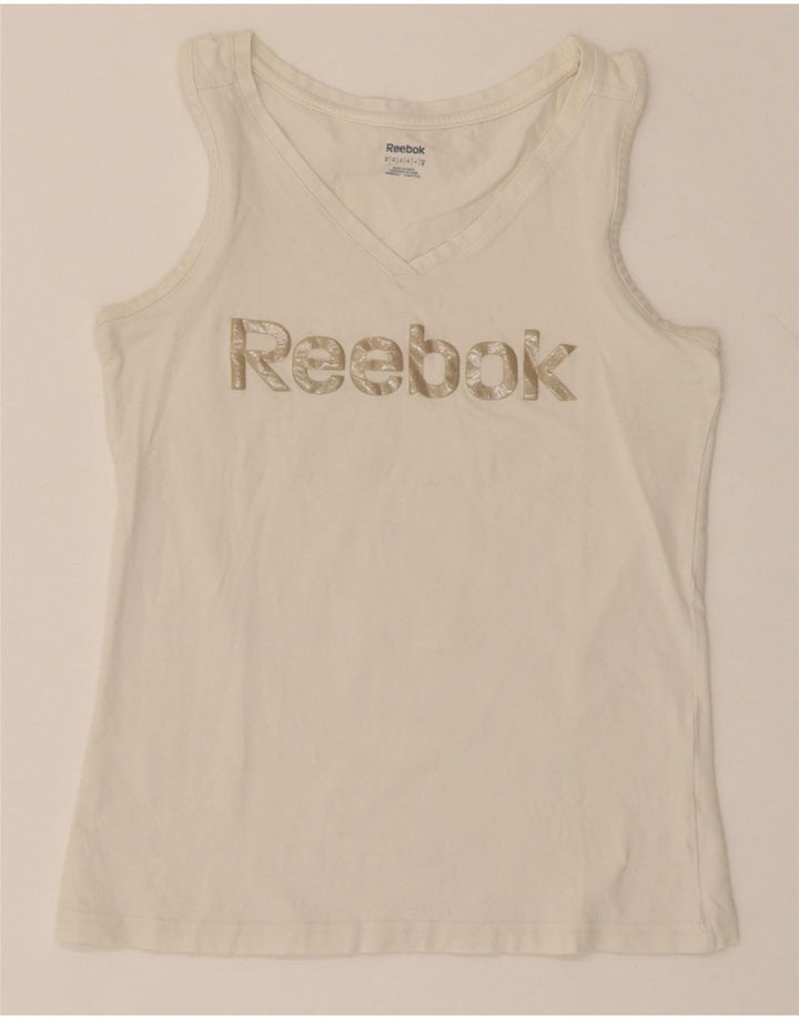 REEBOK Womens Graphic Vest Top UK 12 Medium White Cotton Vintage Reebok and Second-Hand Reebok from Messina Hembry 