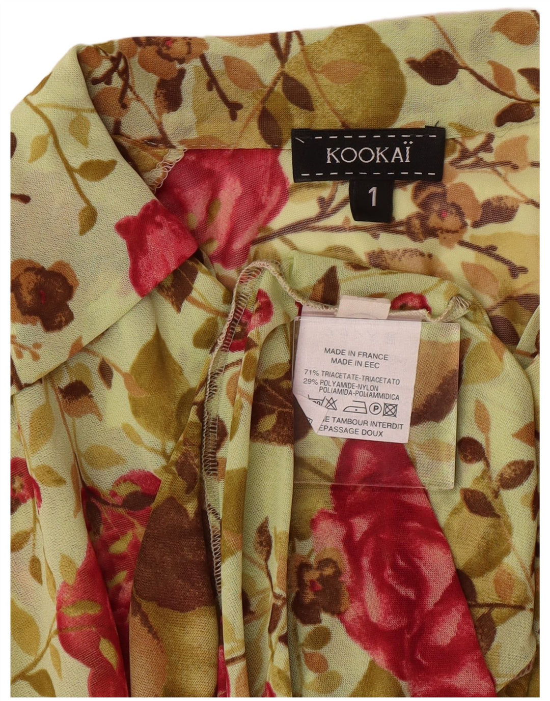 Kookai Vestido camisero de manga larga para mujer, talla 1, pequeño, verde, floral, bohemio