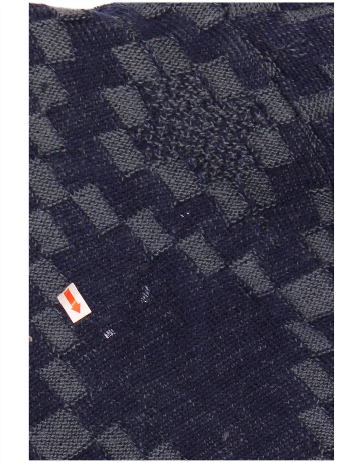 VINTAGE Hombres Cardigan Suéter Grande Azul Marino Geométrico Viscosa