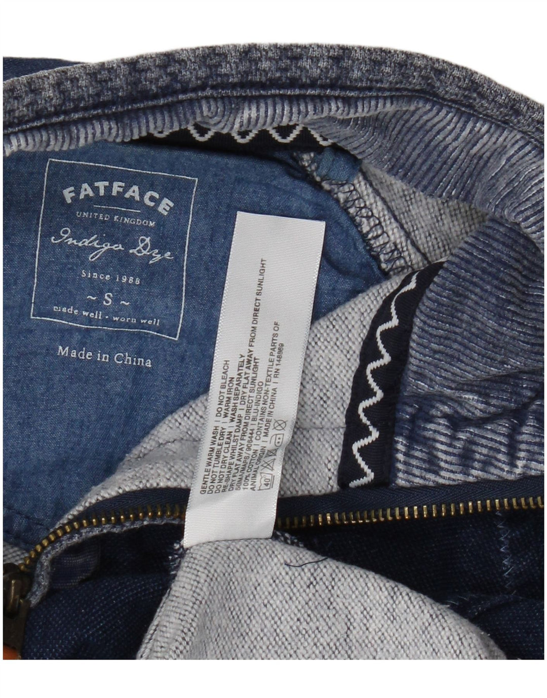 Sudadera con cuello y cremallera en índigo de Fat Face para hombre, jersey de algodón azul pequeño