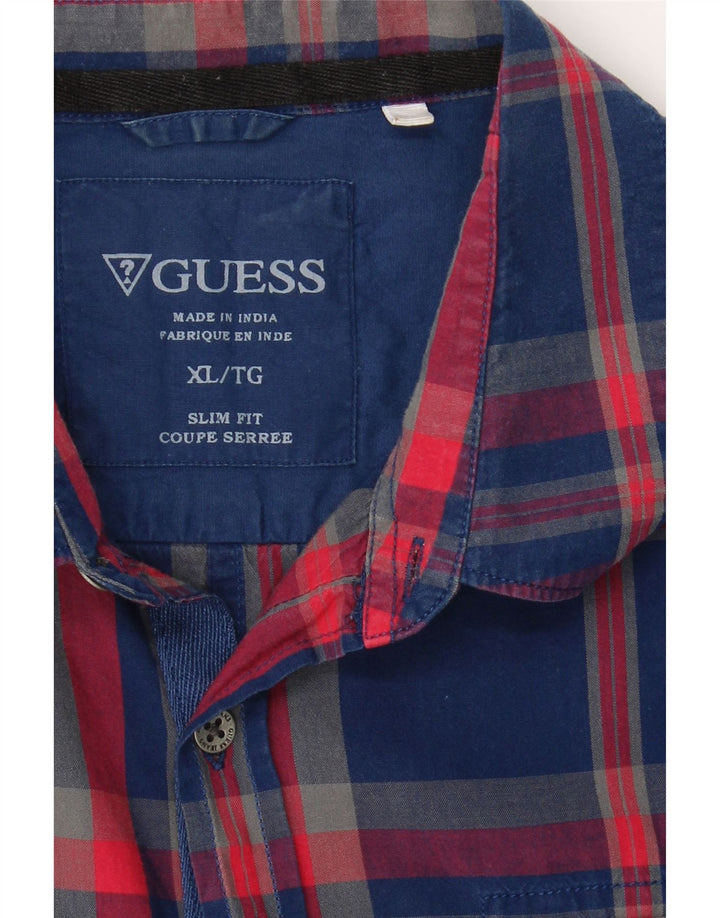 GUESS Mens Slim Fit Shirt XL Navy Blue Check Cotton Vintage Guess and Second-Hand Guess from Messina Hembry 