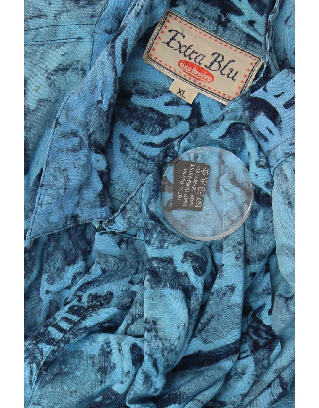 Vintage hombres patrón abstracto camisa de manga corta XL azul rayón