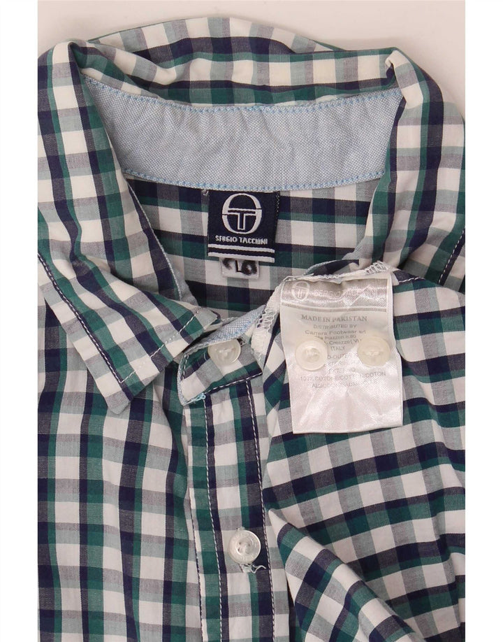 Sergio Tacchini Camisa de manga corta para hombre de algodón a cuadros azul grande