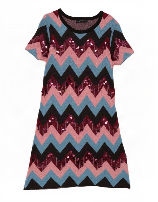 Zara Vestido tipo jersey de manga corta para mujer UK 8 Small Multicolor Chevron