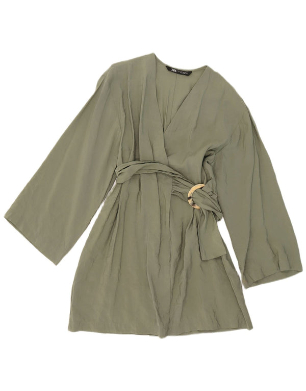 Zara Mujer Vestido Cruzado UK 10 Small Caqui Modal