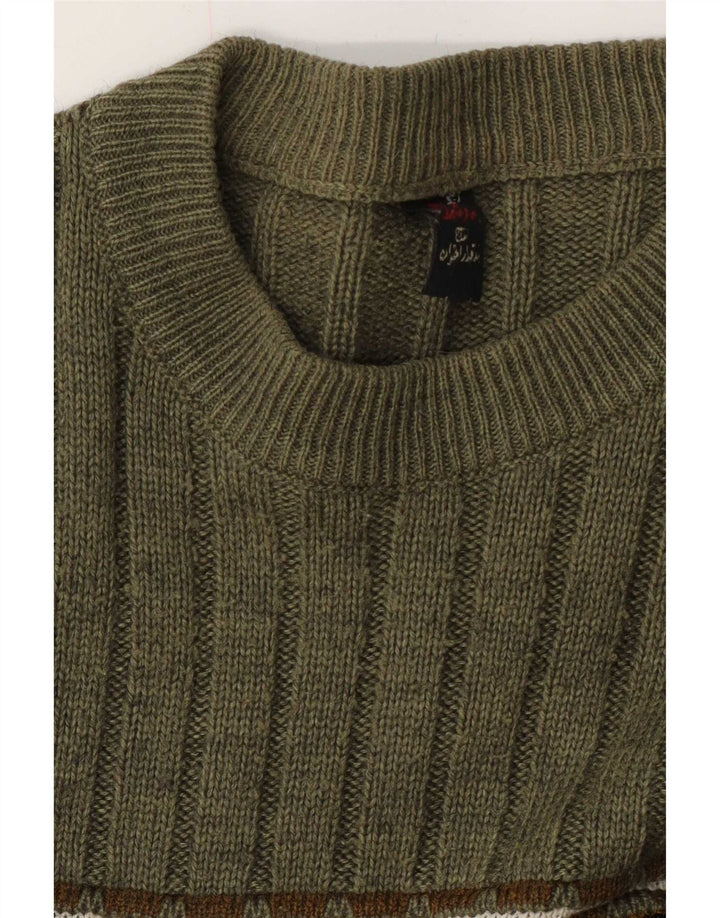 Vintage hombres cuello redondo jersey suéter medio verde feria isla