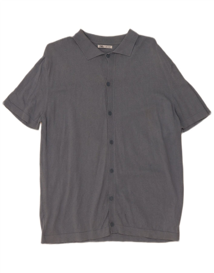 Zara Hombre Cárdigan De Manga Corta Suéter Grande Gris Algodón