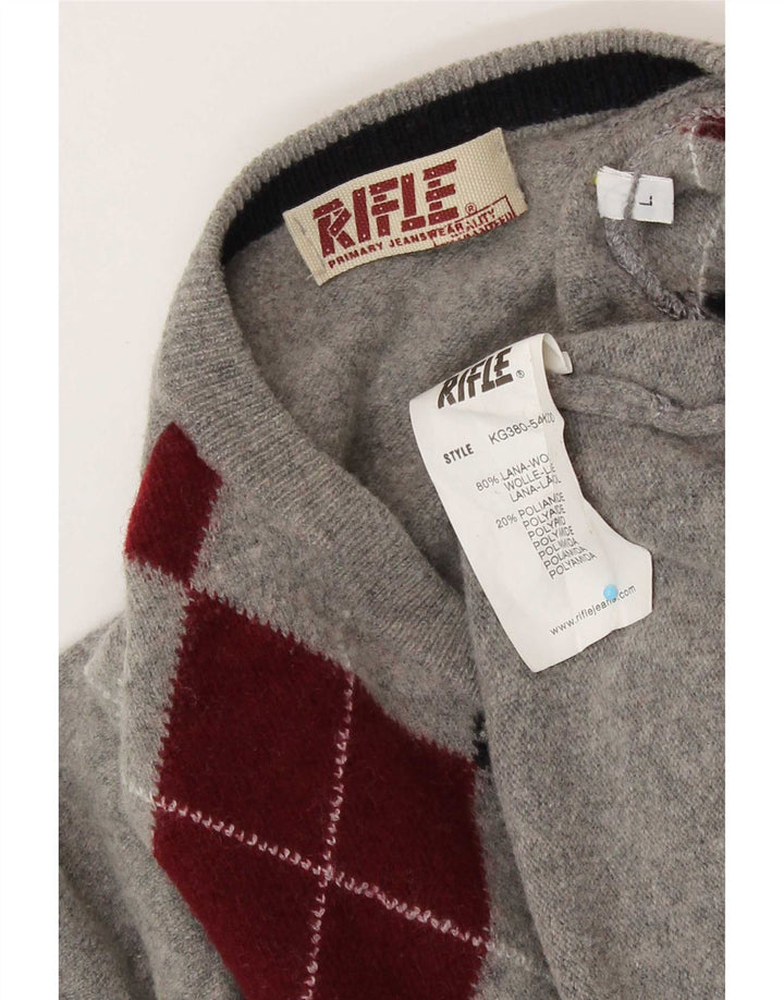 Rifle Jersey con Cuello en V para Hombre Suéter Grande Gris Argyle/Lana de Diamante