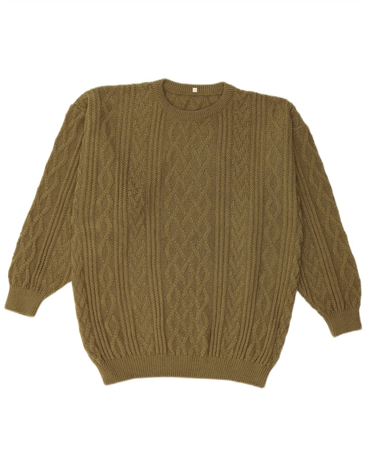 Vintage hombres cuello redondo jersey suéter grande caqui acrílico