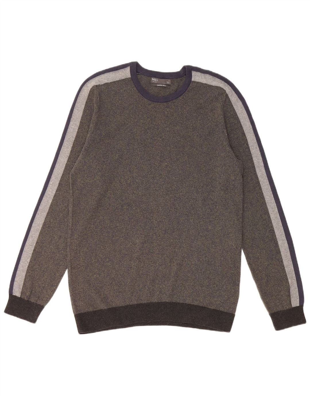 Marks & Spencer Jersey de Cuello Redondo para Hombre de algodón a Rayas Caqui pequeño