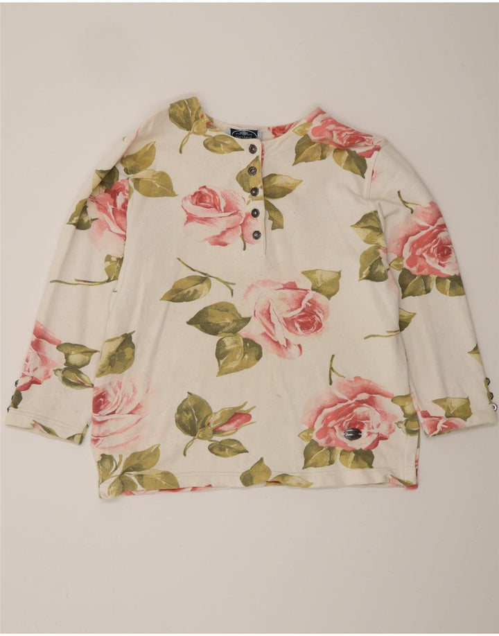 VINTAGE Mujer Top Manga Larga Reino Unido 16 Algodón Floral Blanco Grande