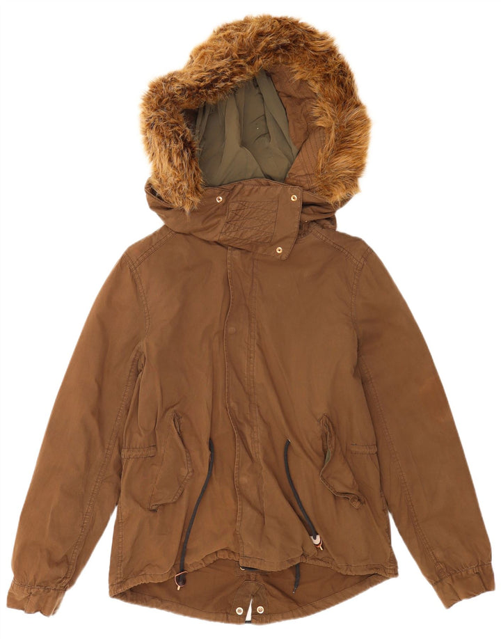 Zara Mujer Parka Extragrande Con Capucha UK 10 Small Marrón Poliéster