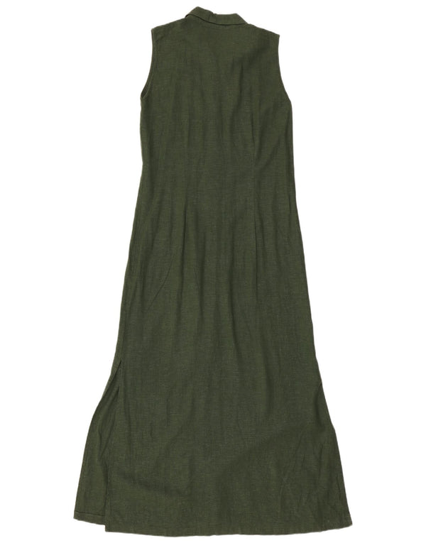 Vintage mujer Maxi vestido de camisa sin mangas Reino Unido 10 pequeño lino verde