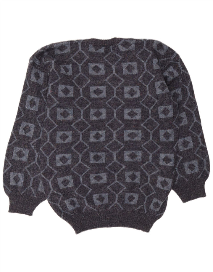 Vintage hombres cuello redondo jersey suéter medio gris geométrico acrílico