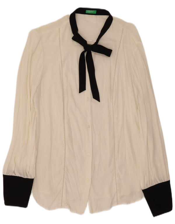 BENETTON Blusa camisera con pajarita para mujer UK 46 Large White Colourblock Viscosa