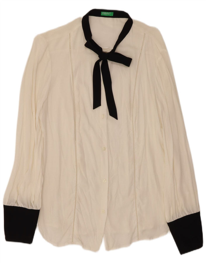 BENETTON Blusa camisera con pajarita para mujer UK 46 Large White Colourblock Viscosa