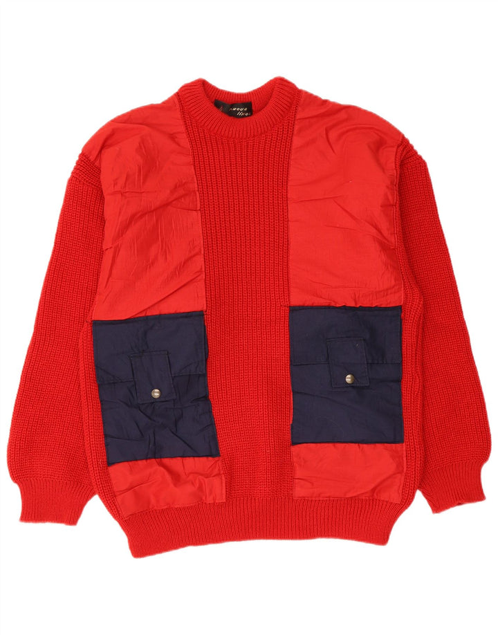 Vintage hombres cuello redondo jersey suéter medio rojo colorblock