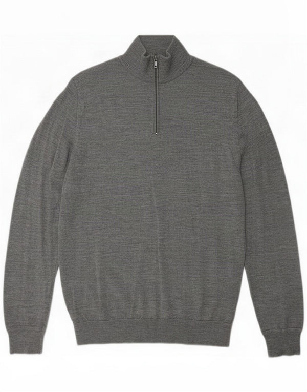 Marks & Spencer Mens Zip Neck Jumper Sweater Large Grey Merino Wool
