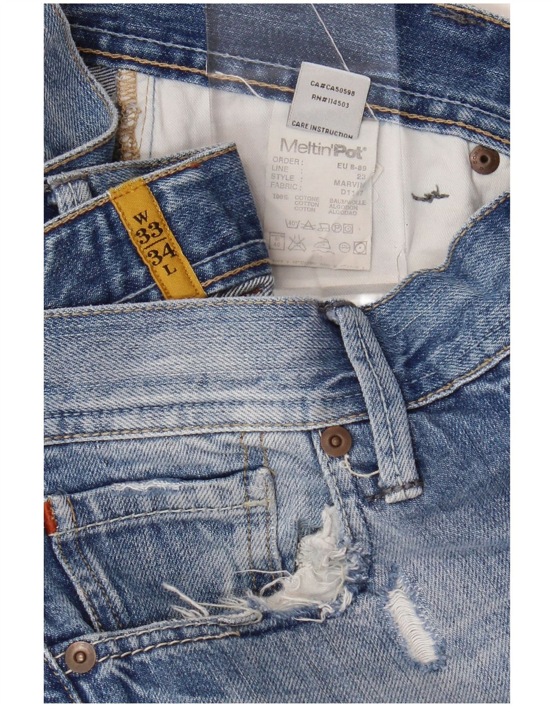 MELTIN' POT Vaqueros rectos desgastados Marvin para hombre W33 L34 Algodón azul