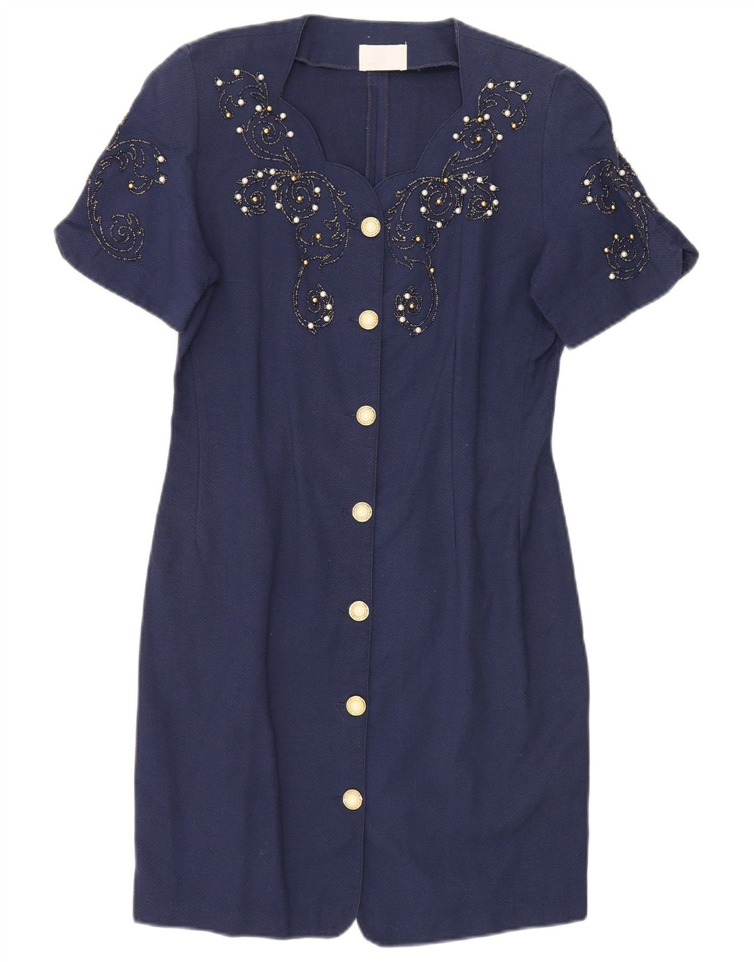 Vintage mujer regular vaina vestido Reino Unido 14 medio azul marino algodón