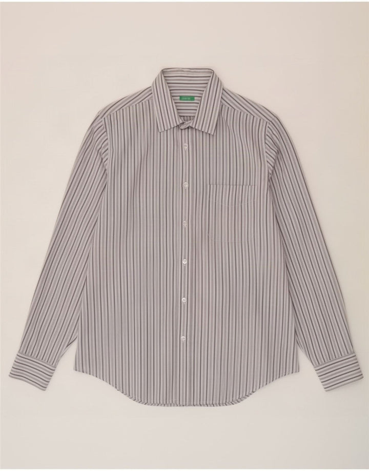 Camisa Benetton Hombre Grande De Algodón A Rayas Gris
