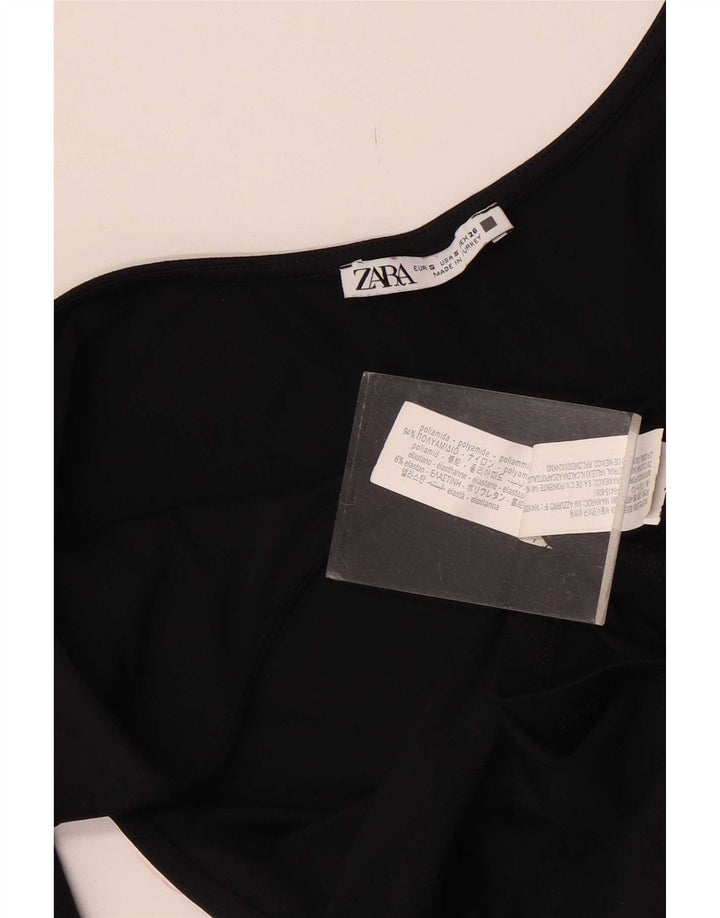 Zara Mujer Crop Off Hombro Top Manga 3/4 UK 8 Pequeño Poliamida Negro
