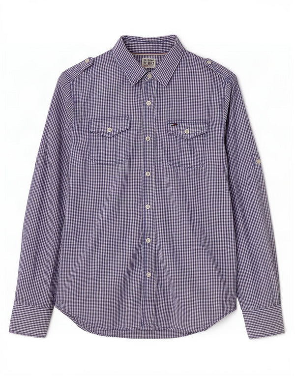 Tommy Hilfiger Camisa militar para hombre de algodón a cuadros azul pequeño