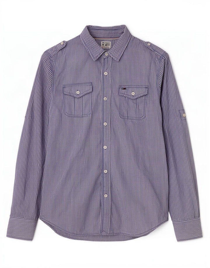 Tommy Hilfiger Camisa militar para hombre de algodón a cuadros azul pequeño