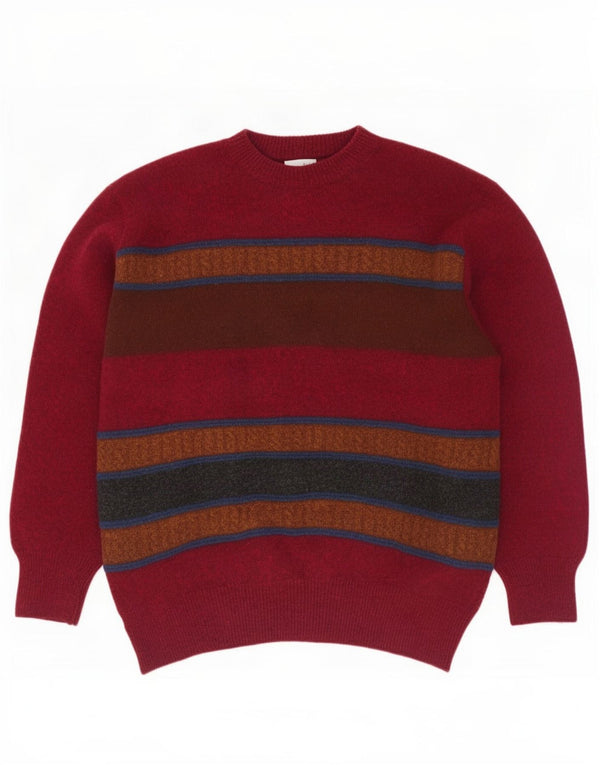 Vintage hombres cuello redondo jersey suéter medio borgoña rayas