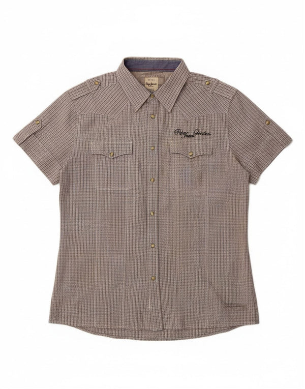 PEPE Jeans Camisa Militar De Manga Corta Hombre XL Gris Cuadros Algodón