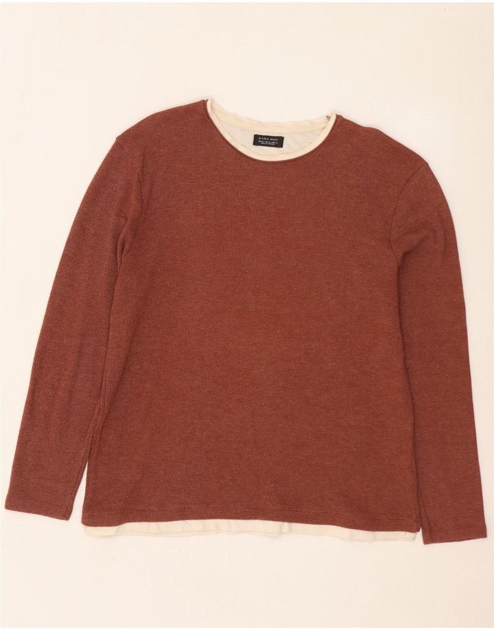 ZARA Hombre Top Manga Larga XL Algodón Colorblock Marrón