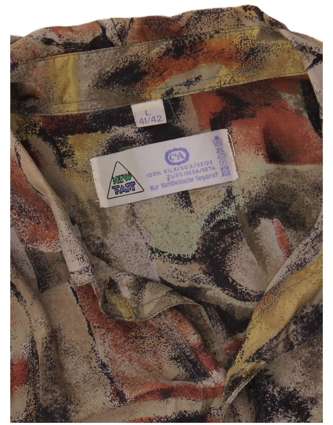 NUEVO FAST Camisa con estampado abstracto para hombre Talla 41/42 Grande Seda multicolor