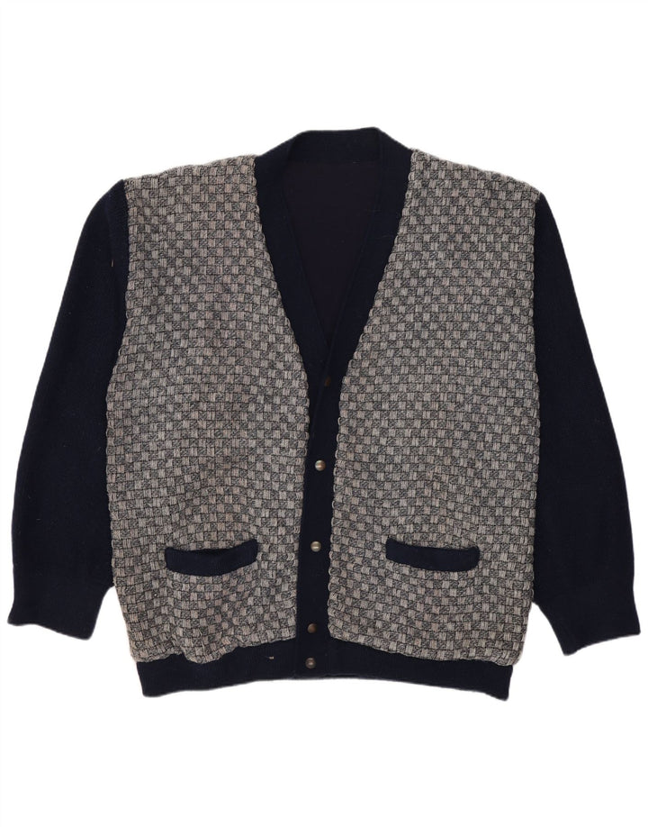 Vintage hombres Cardigan suéter medio azul marino geométrico