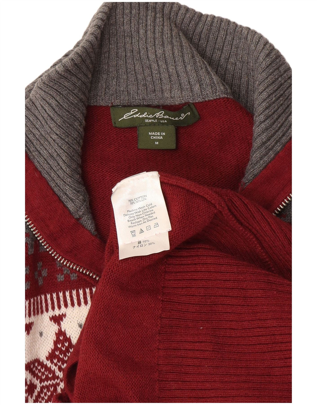 Eddie Bauer Cárdigan para hombre suéter mediano burdeos Fair Isle algodón invierno