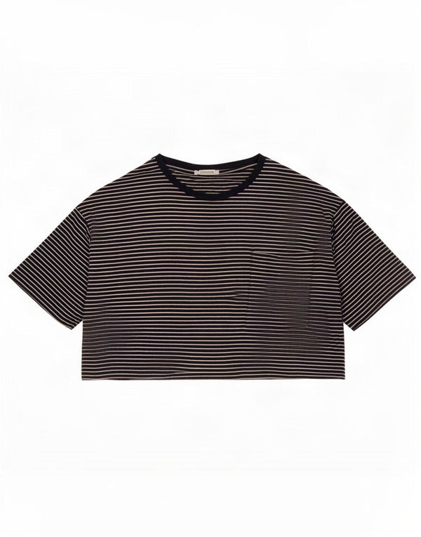 Zara Mujer Trafaluc Crop Camiseta Top UK 40 Mediano Azul Marino Rayas