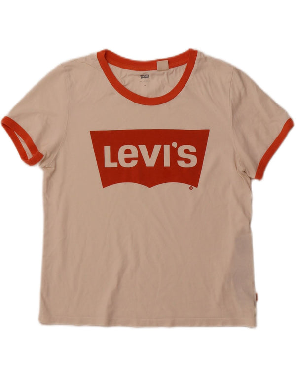 LEVI'S Camiseta corta con gráfico para mujer UK 12 Medium Off White Cotton