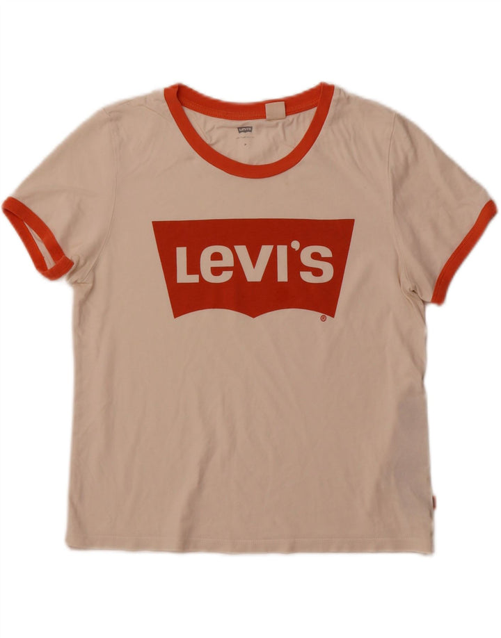 LEVI'S Camiseta corta con gráfico para mujer UK 12 Medium Off White Cotton
