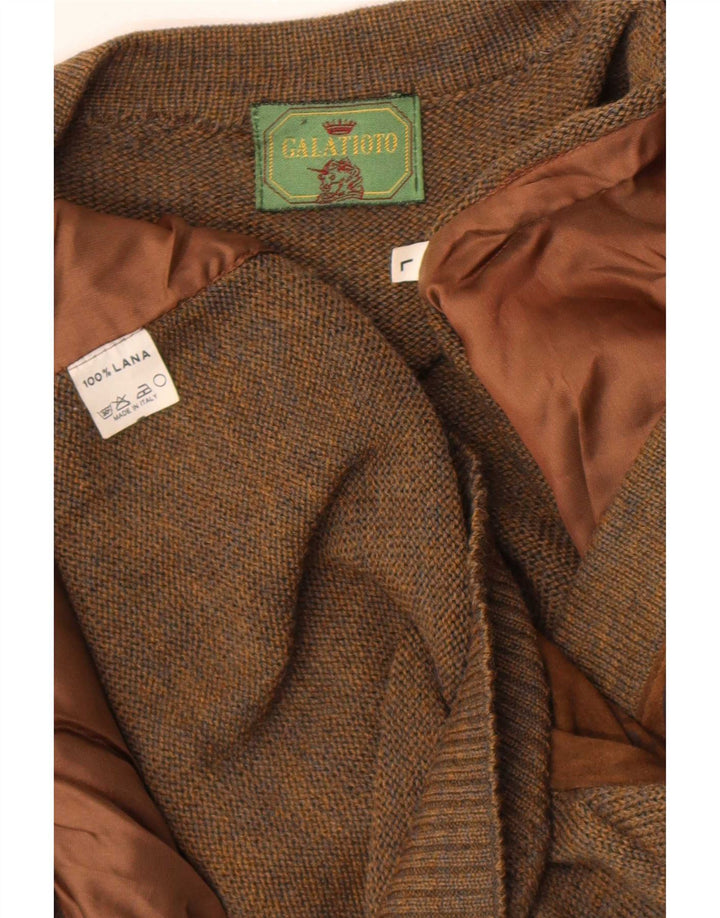 Vintage hombres ante cardigan suéter grande marrón lana geométrica