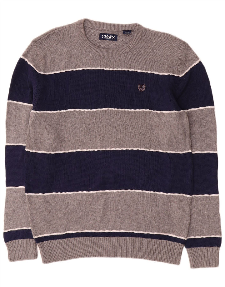 Chaps Hombre Cuello Redondo Jersey Suéter Pequeño Algodón A Rayas Gris